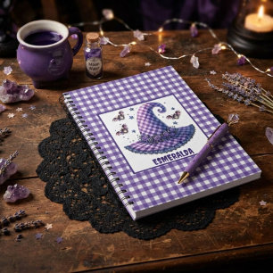 Purple Gingham Halloween Witch Hat & Bats Notebook
