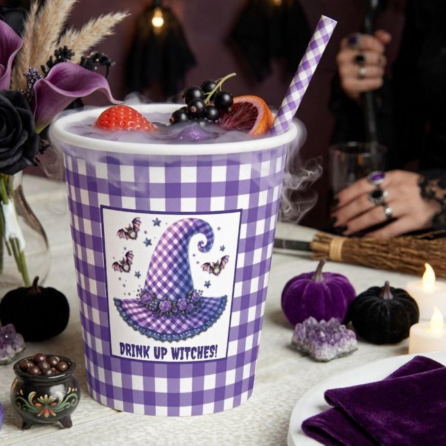 Purple Gingham Halloween Witch Hat & Bats Paper Cups (Creator Uploaded)