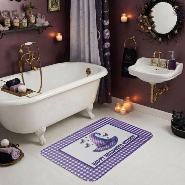 Purple Gingham Halloween Witch Hat Welcome Bath Mat (Creator Uploaded)