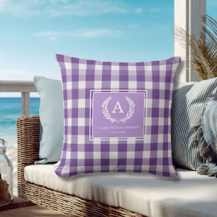 Purple Gingham Monogram Crest Cushion