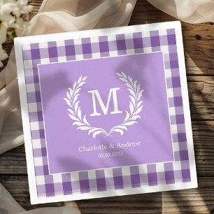 Purple Gingham Monogram Crest Custom Napkin