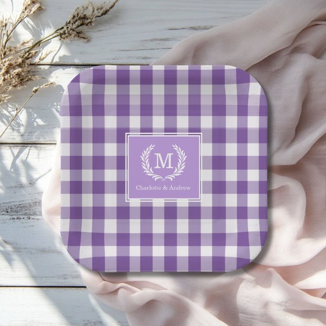 Purple Gingham Monogram Crest Custom Paper Plate (Purple Gingham Monogram Crest Custom Paper Plates with your Monogram and Names.)