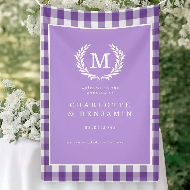 Purple Gingham Monogram Crest Wedding Welcome Banner (Purple Gingham Monogram Crest Wedding Welcome Banner)