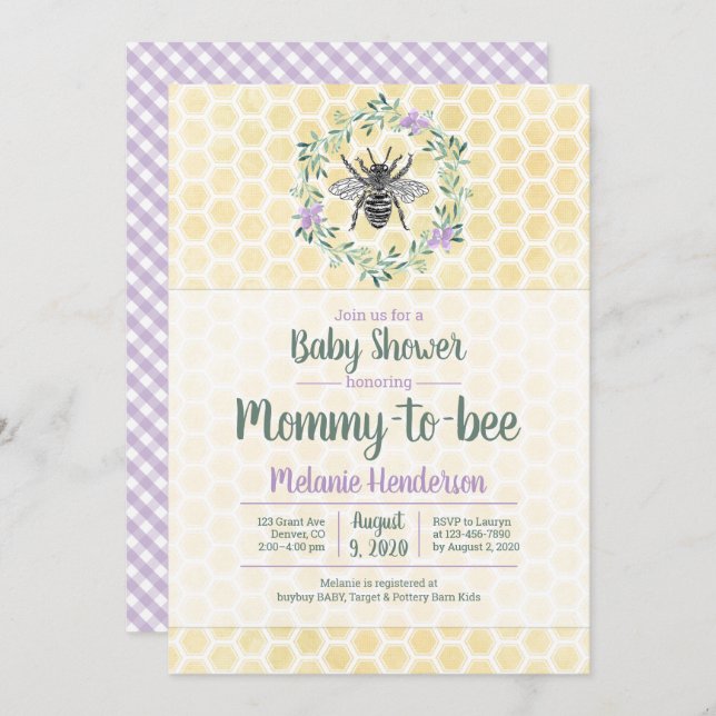 purple, gingham, mummy to bee girl baby shower invitation (Front/Back)