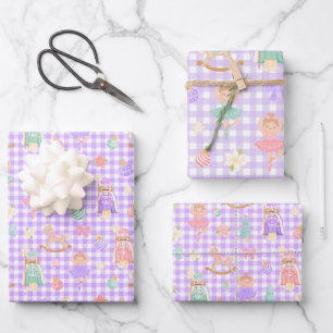 Purple Gingham Nutcracker Birthday Wrapping Paper Sheet