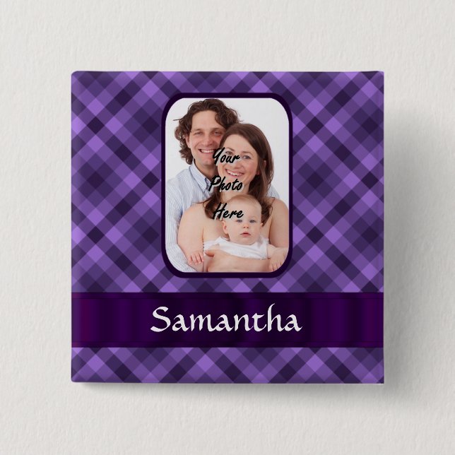 Purple gingham pattern 15 cm square badge (Front)