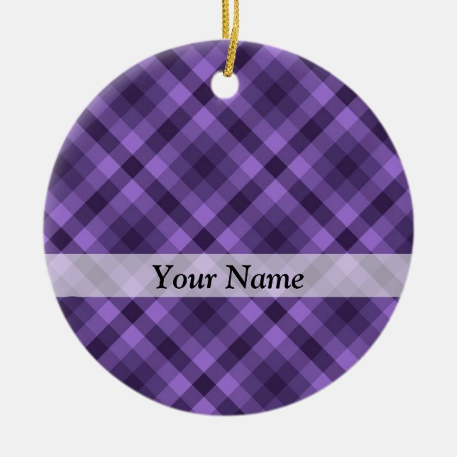 Purple gingham pattern ceramic ornament (Front)