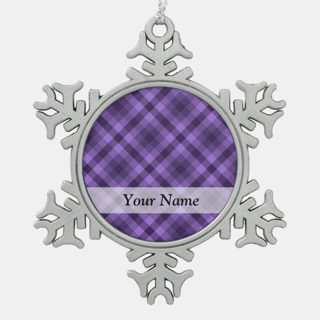 Purple gingham pattern snowflake pewter christmas ornament (Front)