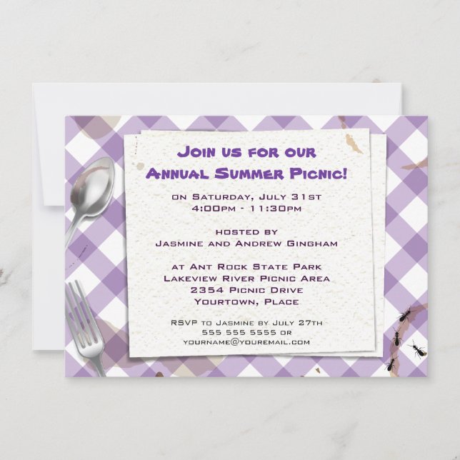 Purple Gingham Picnic BBQ Party Invitation (Front)