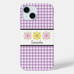 Purple Gingham Plaid Floral Monogram iPhone 15 Case