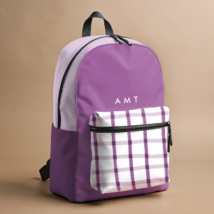 Purple Gingham Plaid Personalised Name Initials Printed Backpack