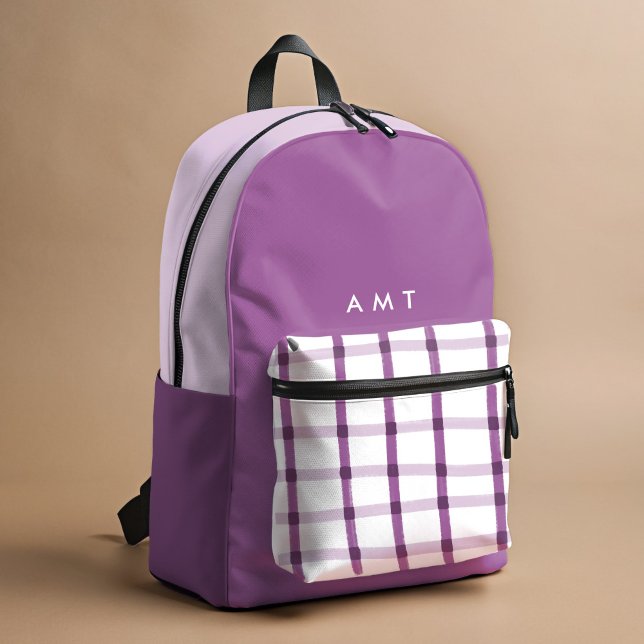 Purple Gingham Plaid Personalised Name Initials Printed Backpack (Purple and white hand-drawn plaid personalized school backpack.)