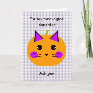 Purple Gingham Pumpkin Cat Halloween Daughter Card