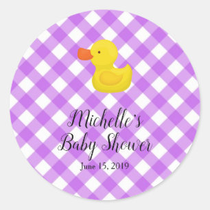 Purple Gingham Rubber Duckie Baby Shower Classic Round Sticker