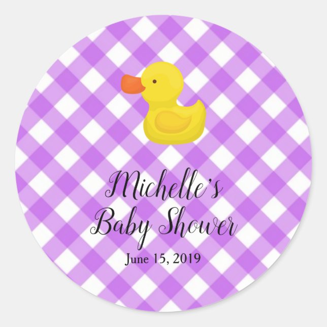 Purple Gingham Rubber Duckie Baby Shower Classic Round Sticker (Front)