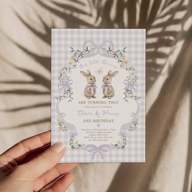 Purple Gingham Twin Bunny Rabbit Birthday Invitation (Creator Uploaded)
