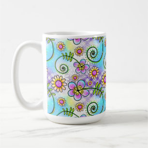 Purple Gingham with Hand-drawn Flowers and Vines Coffee Mug