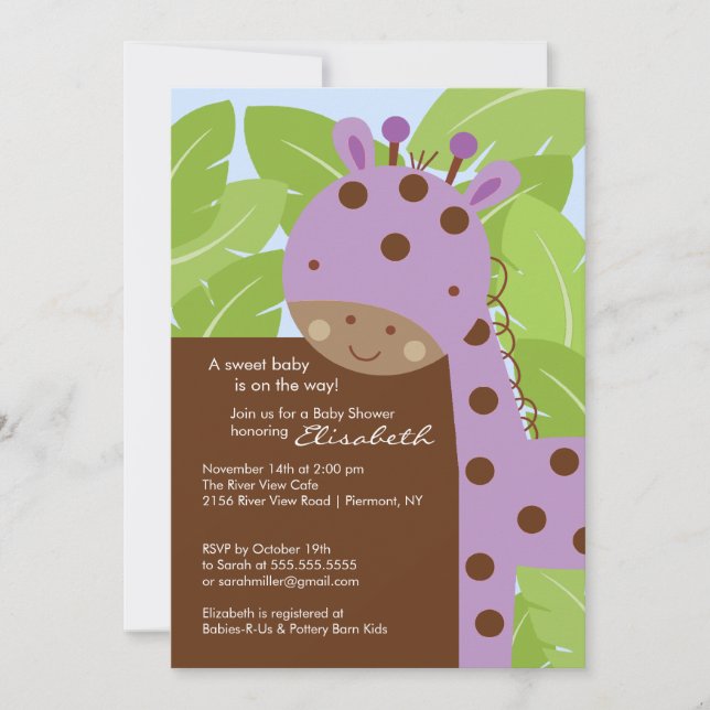 Purple Giraffe Baby Shower Invitation (Front)