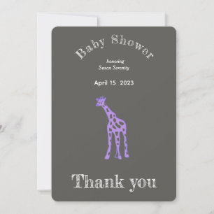 Purple giraffe baby shower - - thank you invitation