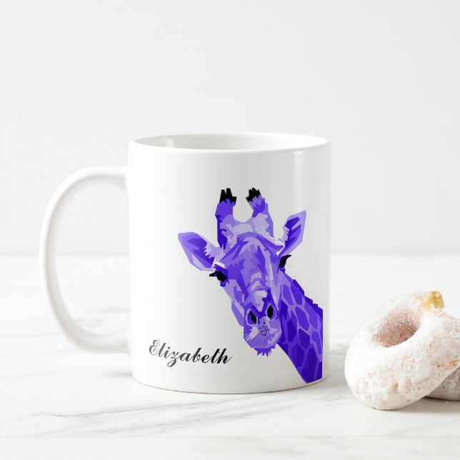 Purple Giraffe Pop Art Personalised Coffee Mug (With Donut)