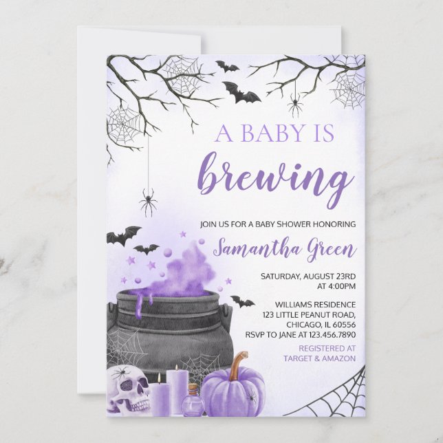Purple Girl A Baby is Brewing Halloween Shower Invitation (Front)