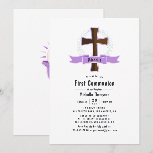 Purple Girl First Holy Communion Invitation (Front/Back)