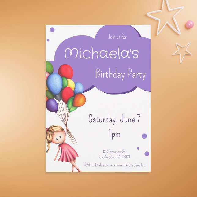 Purple Girl Floating Up with Balloons Birthday Invitation (Creator Uploaded)
