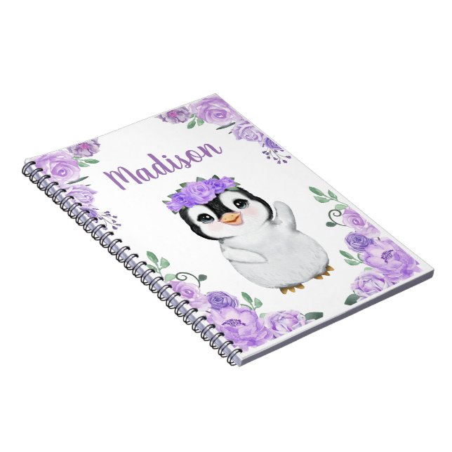 Purple Girl Penguin Floral Spiral Photo Notebook (Right Side)