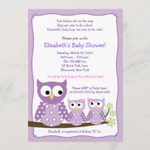 Purple Girl Twin Hoot Owls Baby Shower Invitation