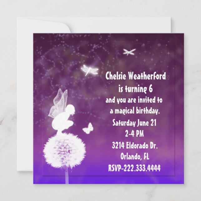 Purple Girl's Fairy Birthday Party Invitation (Front)