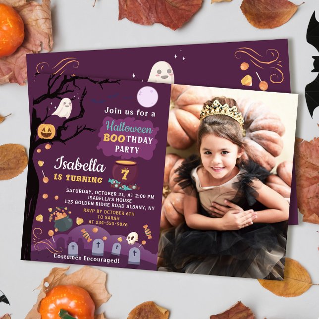 Purple Girls Halloween Birthday Party Photo Invitation (Creator Uploaded)