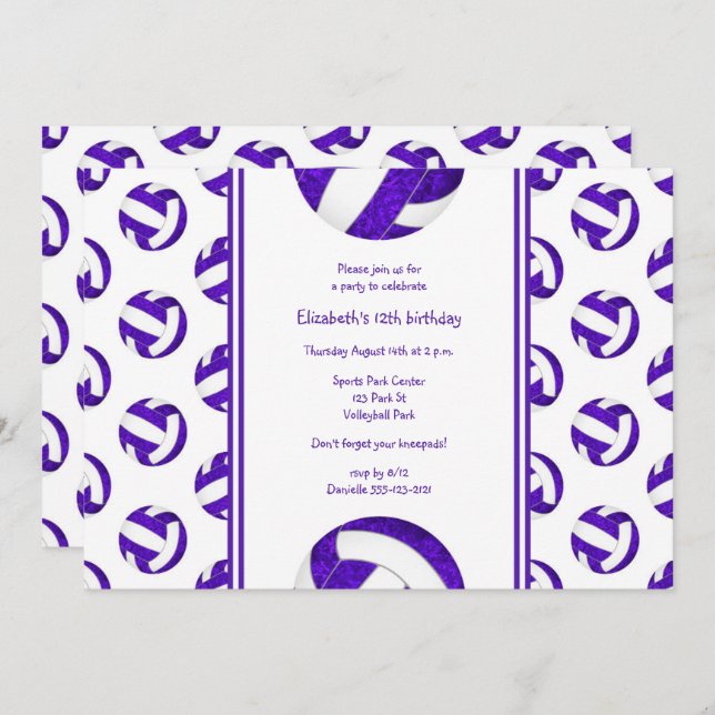 purple girls' volleyball birthday party invitation (Front/Back)