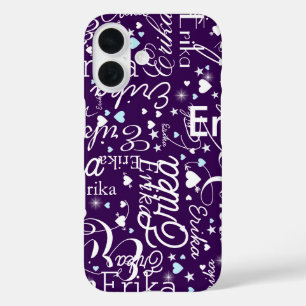 Purple Girly Calligraphy Typography Name Pattern iPhone 16 Case