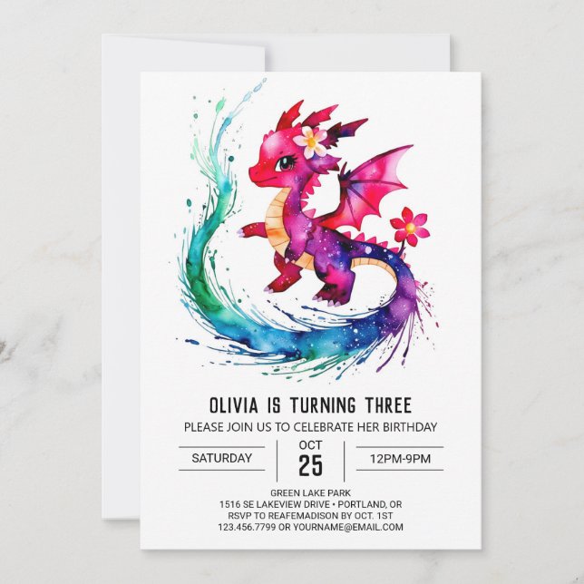 Purple Girly Dragon Digital Girl Birthday Invitation (Front)