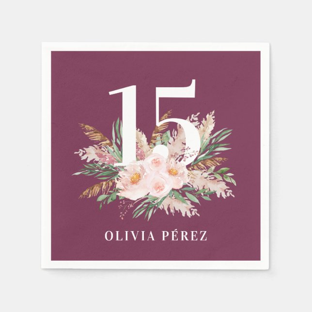 Purple girly floral pampas grass modern birthday napkin (Front)