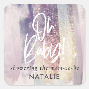 Purple girly giltter baby shower part square sticker