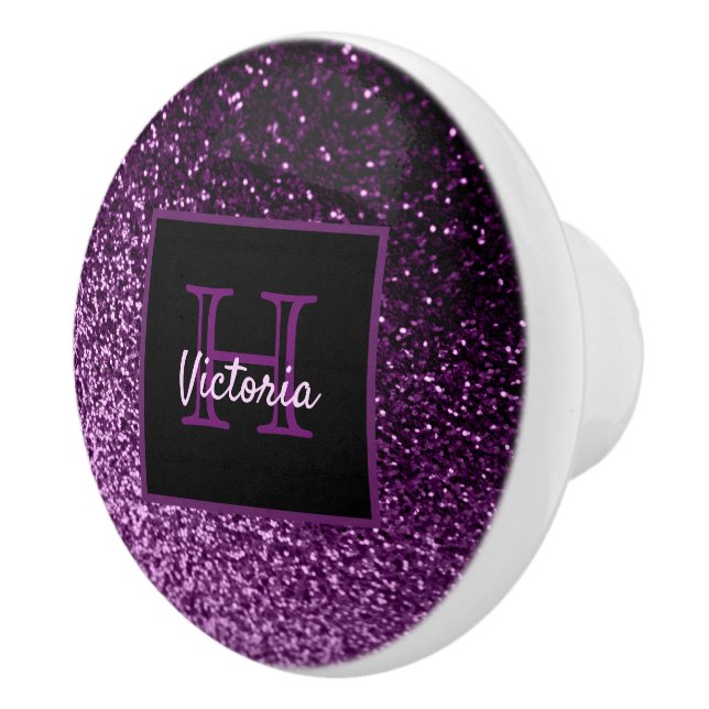 Purple girly glitter shiny glam monogrammed ceramic knob (Right)