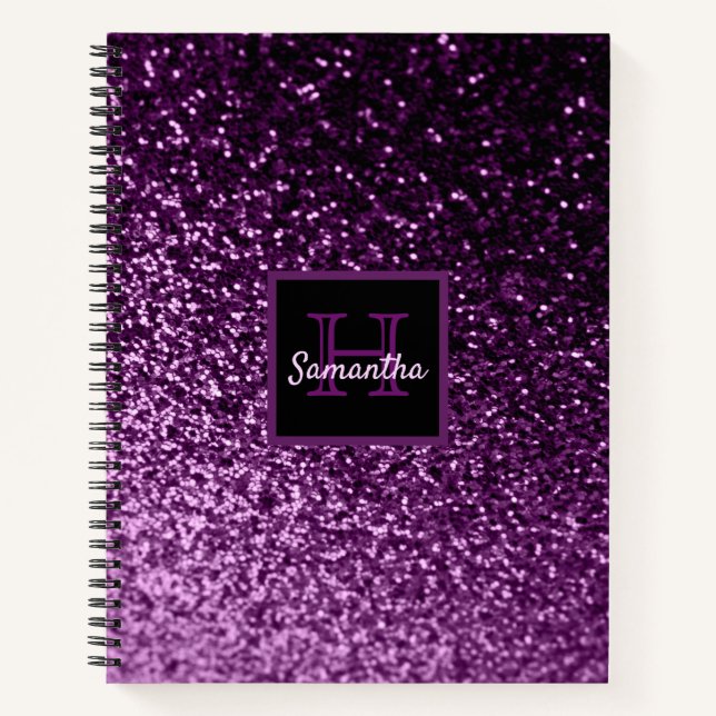 Purple girly glitter shiny glam monogrammed notebook (Front)