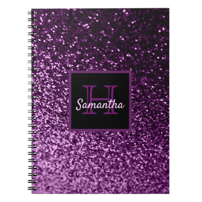 Purple girly glitter shiny glam monogrammed notebook (Front)