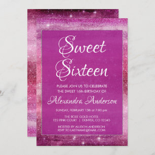 Purple Girly Glitter Sparkle Sweet 16 Birthday Invitation