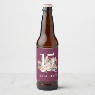 Purple girly watercolor floral elegant birthday wi beer bottle label