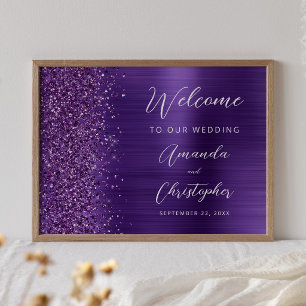 Purple Glam Glitter Script Wedding Welcome Poster