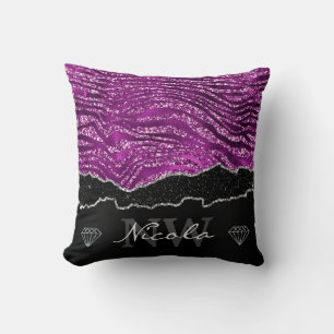 Purple Glam Glitter Tiger Stripes Monogram Cushion
