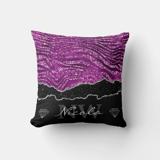 Purple Glam Glitter Tiger Stripes Monogram Cushion (Front)