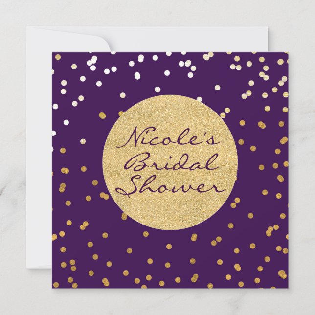 Purple Glam & Gold Shiny Confetti Dots Modern Chic Invitation (Front)