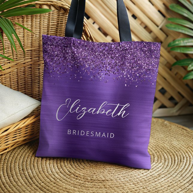 Purple Glam Metallic Modern Script Bridesmaid Tote Bag (Creator Uploaded)