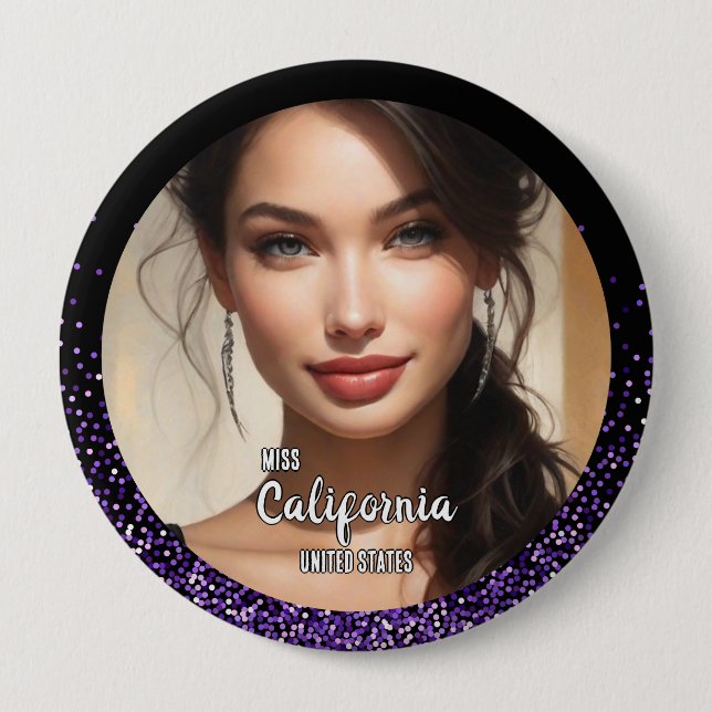 Purple Glam Pageant Photo Button Pin (Front)