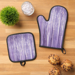 Purple Glam Tinsel Stripes Oven Mitt & Pot Holder Set