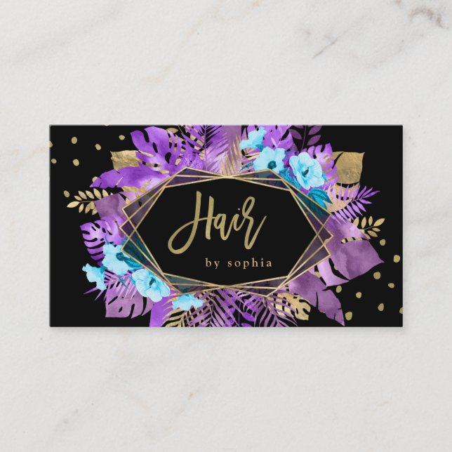 Purple Glam Tropical Gold Leaves on Black | Hair Business Card (Front)