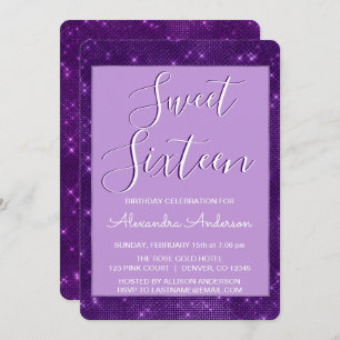 Purple Glimmer and Sparkle Sweet Sixteen Birthday Invitation